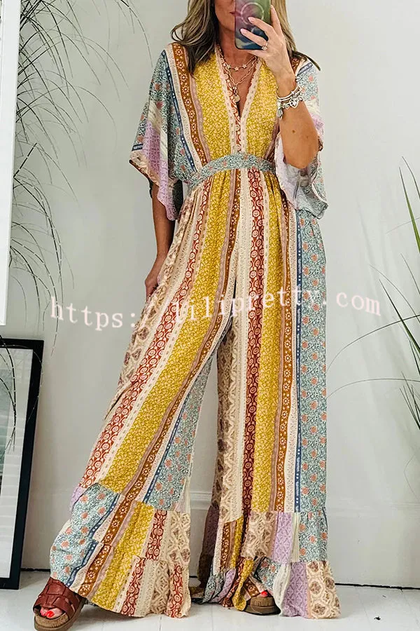 Lilipretty® Last Queen Retro Floral Flare Sleeve Pocketed Loose Wide Leg Jumpsuit