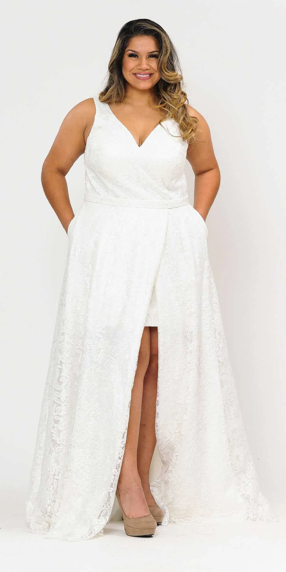 Lindas W1020 V-Neck Lace Print Pocket Details Sleeveless Dress