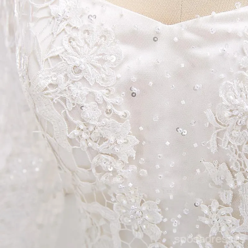 Long Sleeve Lace Beaded See Through A line Wedding Bridal Dresses, Affordable Custom Made Wedding Bridal Dresses, WD264