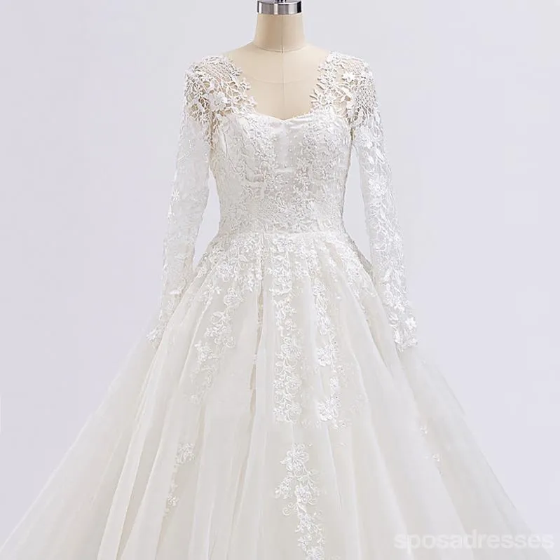 Long Sleeve Lace Beaded See Through A line Wedding Bridal Dresses, Affordable Custom Made Wedding Bridal Dresses, WD264