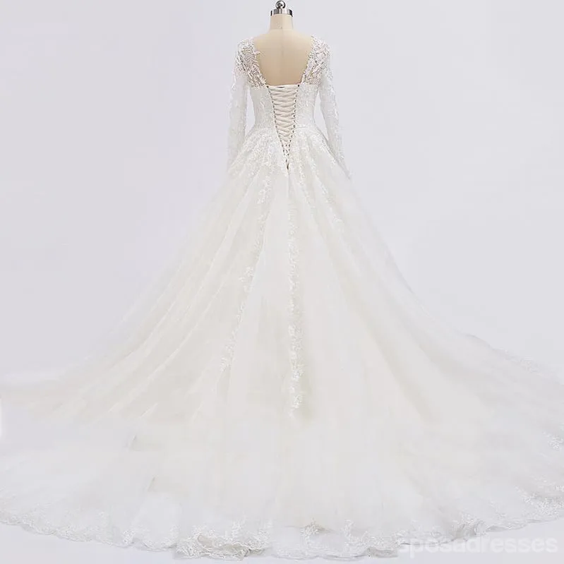 Long Sleeve Lace Beaded See Through A line Wedding Bridal Dresses, Affordable Custom Made Wedding Bridal Dresses, WD264