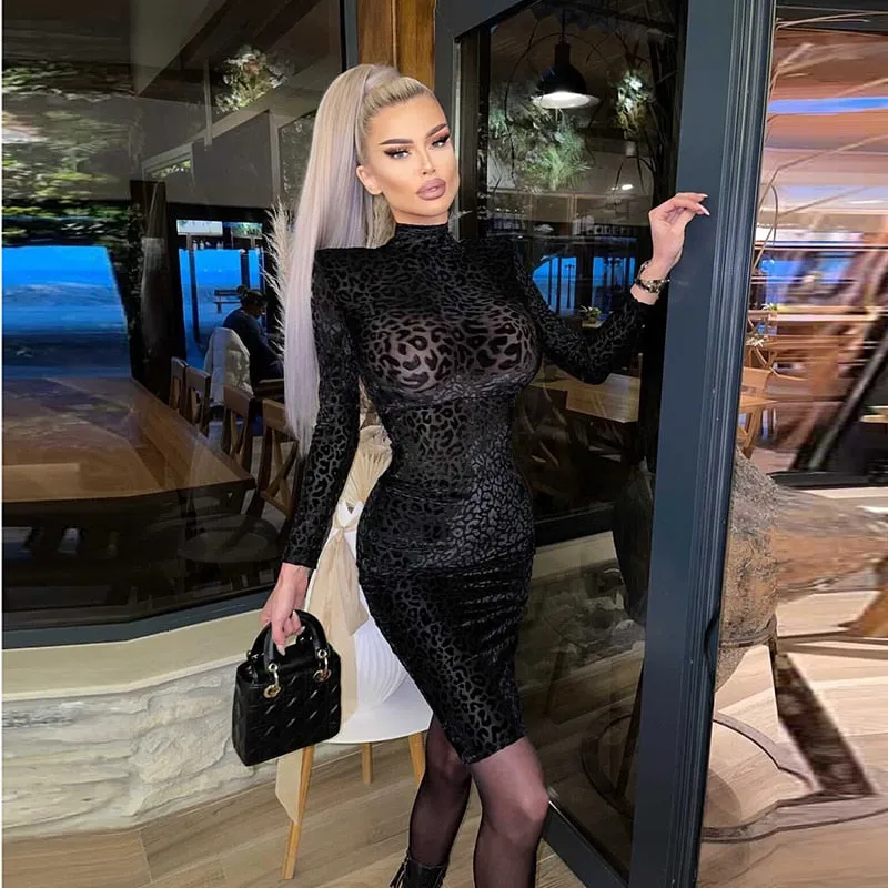 Long Sleeve Sexy Leopard Emboss Velvet Stretchy Dress
