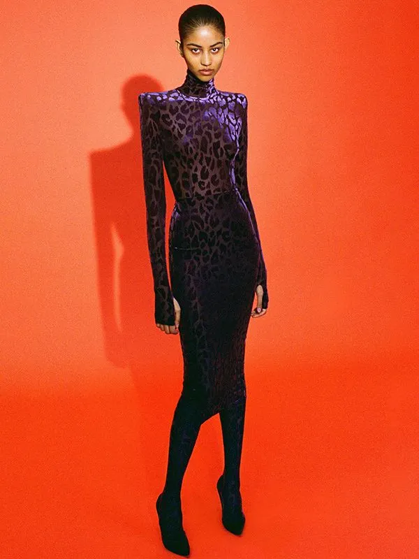 Long Sleeve Sexy Leopard Emboss Velvet Stretchy Dress