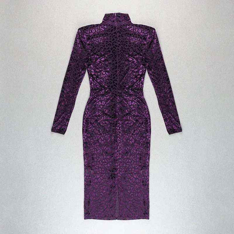 Long Sleeve Sexy Leopard Emboss Velvet Stretchy Dress