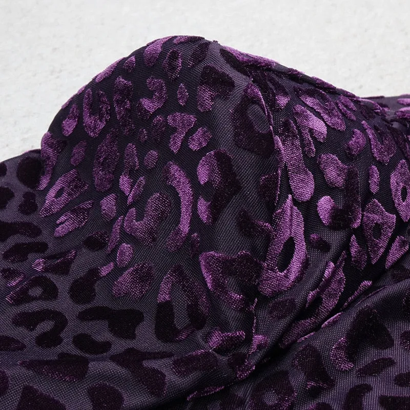 Long Sleeve Sexy Leopard Emboss Velvet Stretchy Dress