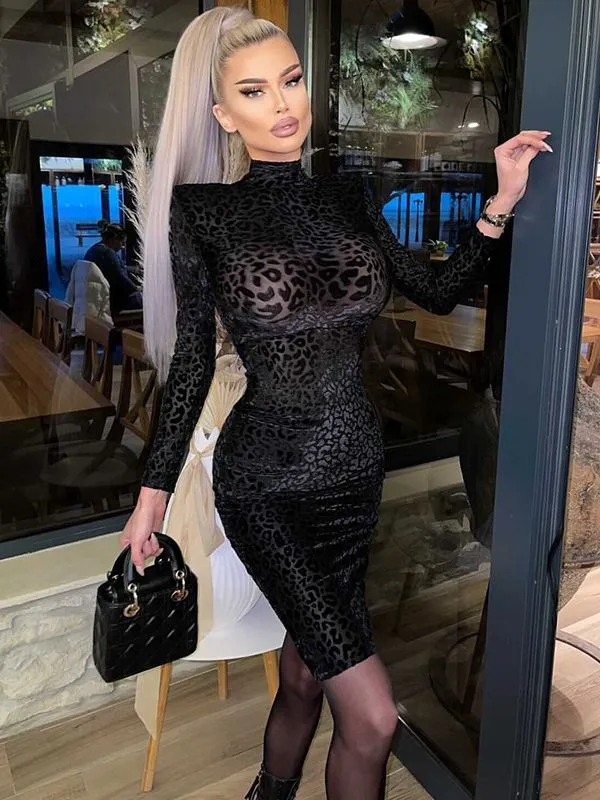 Long Sleeve Sexy Leopard Emboss Velvet Stretchy Dress