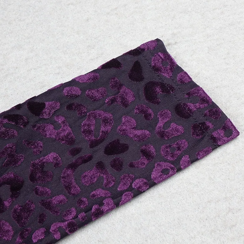 Long Sleeve Sexy Leopard Emboss Velvet Stretchy Dress