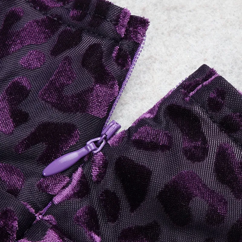 Long Sleeve Sexy Leopard Emboss Velvet Stretchy Dress