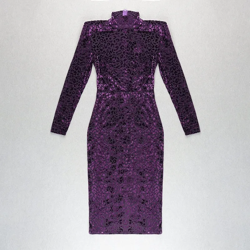 Long Sleeve Sexy Leopard Emboss Velvet Stretchy Dress