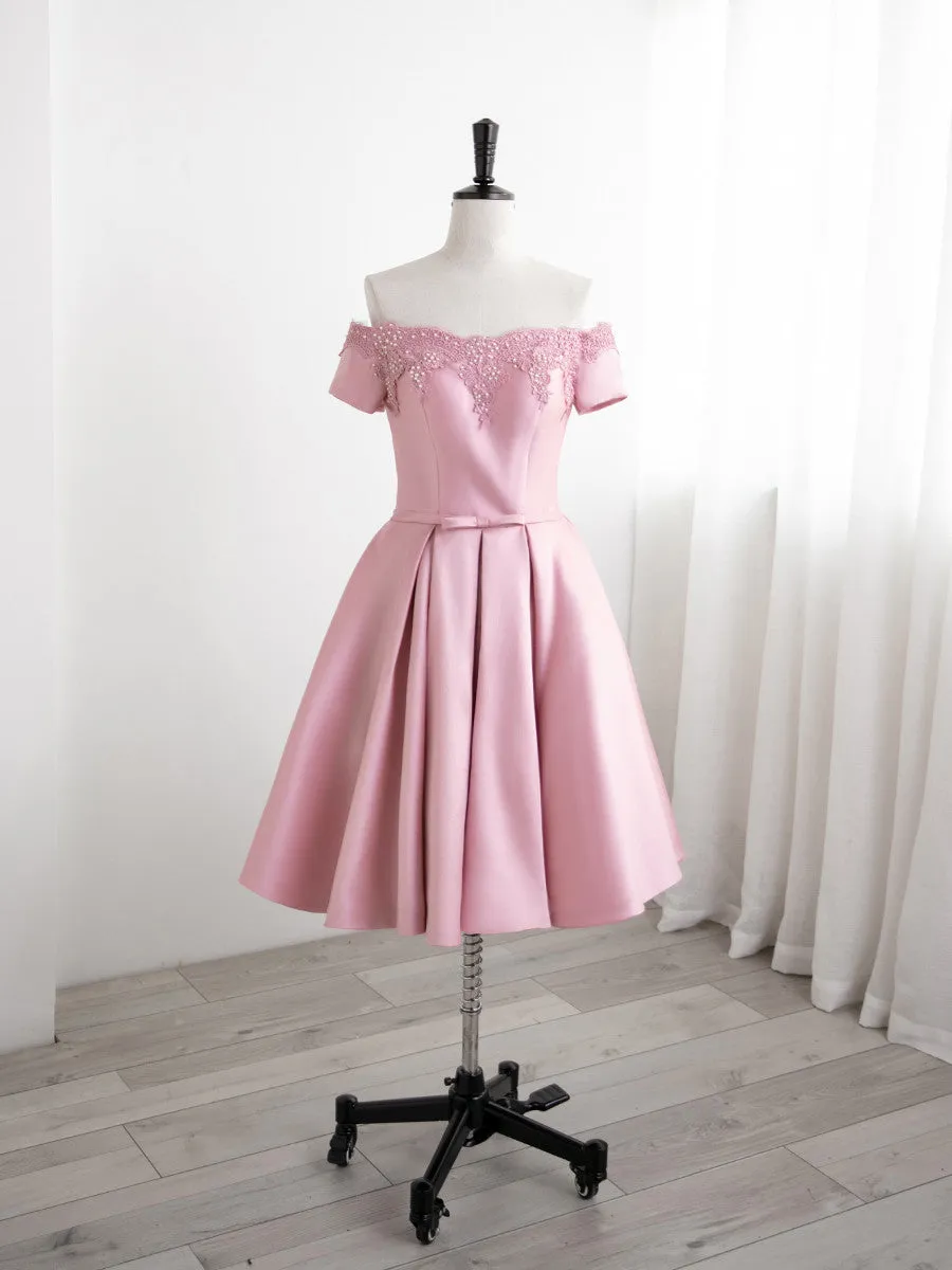 Lovely Pink Satin Short Party Dress Homecoming Dress, Off Shoulder Prom Dress