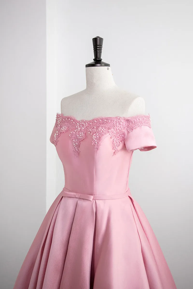 Lovely Pink Satin Short Party Dress Homecoming Dress, Off Shoulder Prom Dress