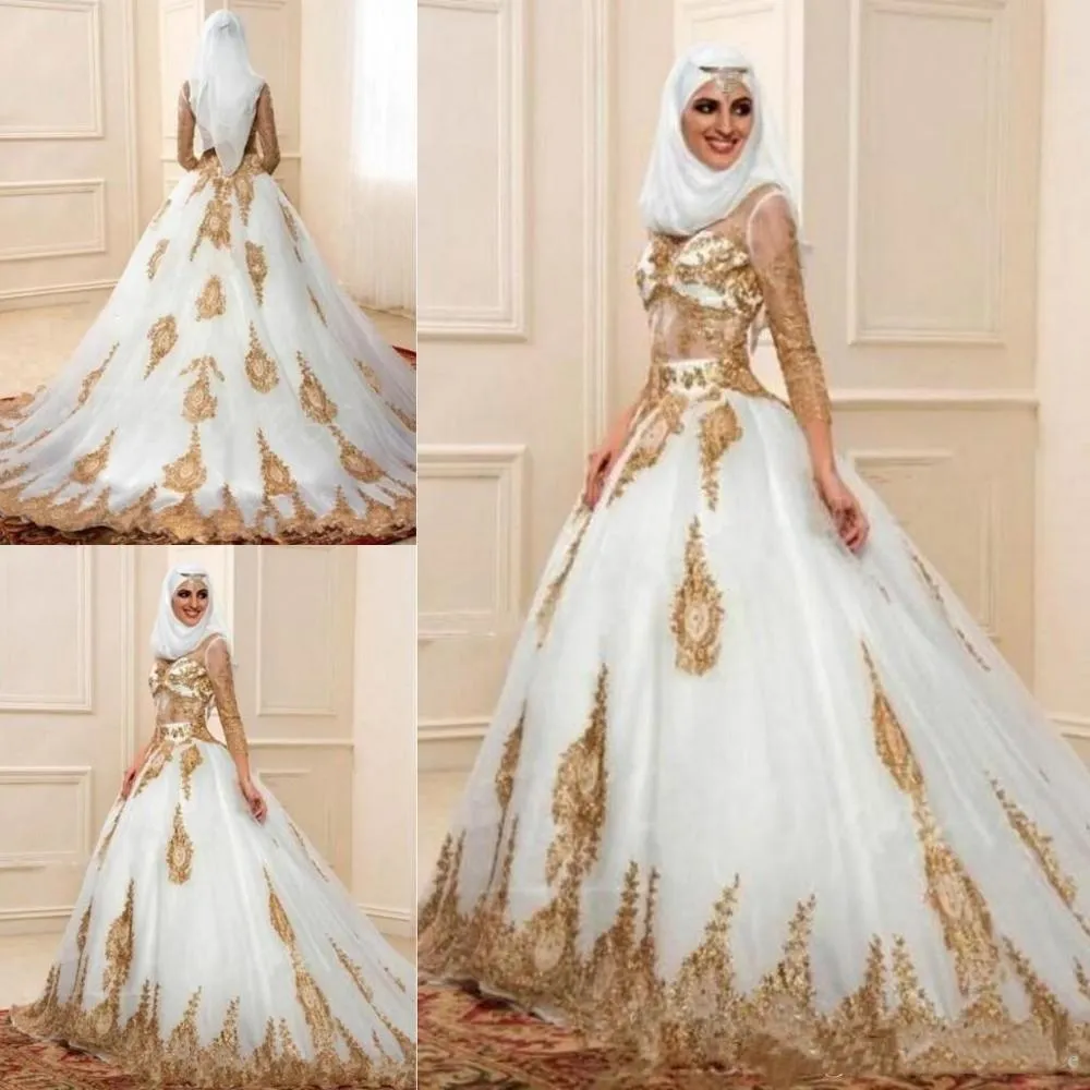 Luxury Multi Cultural Ceremonial Bridal Dress High Neck 3/4 Sleeves Gold Appliques Custom Made Very Elegant