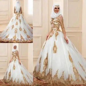 Luxury Multi Cultural Ceremonial Bridal Dress High Neck 3/4 Sleeves Gold Appliques Custom Made Very Elegant