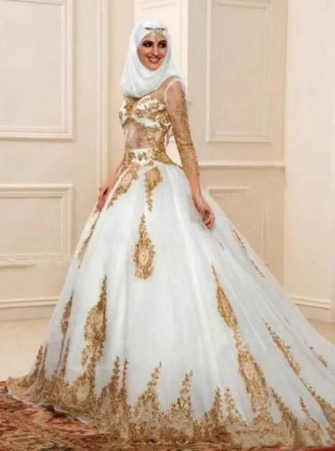 Luxury Multi Cultural Ceremonial Bridal Dress High Neck 3/4 Sleeves Gold Appliques Custom Made Very Elegant