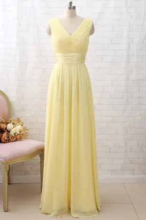 MACloth Straps V neck Chiffon Long Bridesmaid Dress Yellow Formal Party Dress