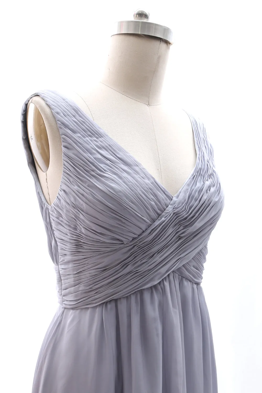 MACloth Straps V neck Chiffon Silver Long Bridesmaid Dress Wedding Party Formal Gown