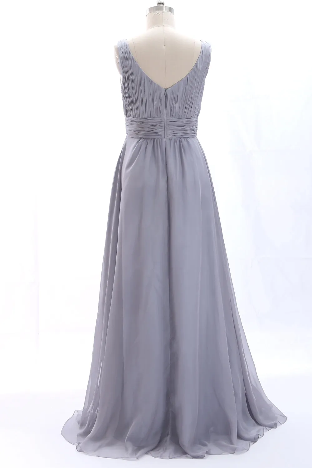 MACloth Straps V neck Chiffon Silver Long Bridesmaid Dress Wedding Party Formal Gown