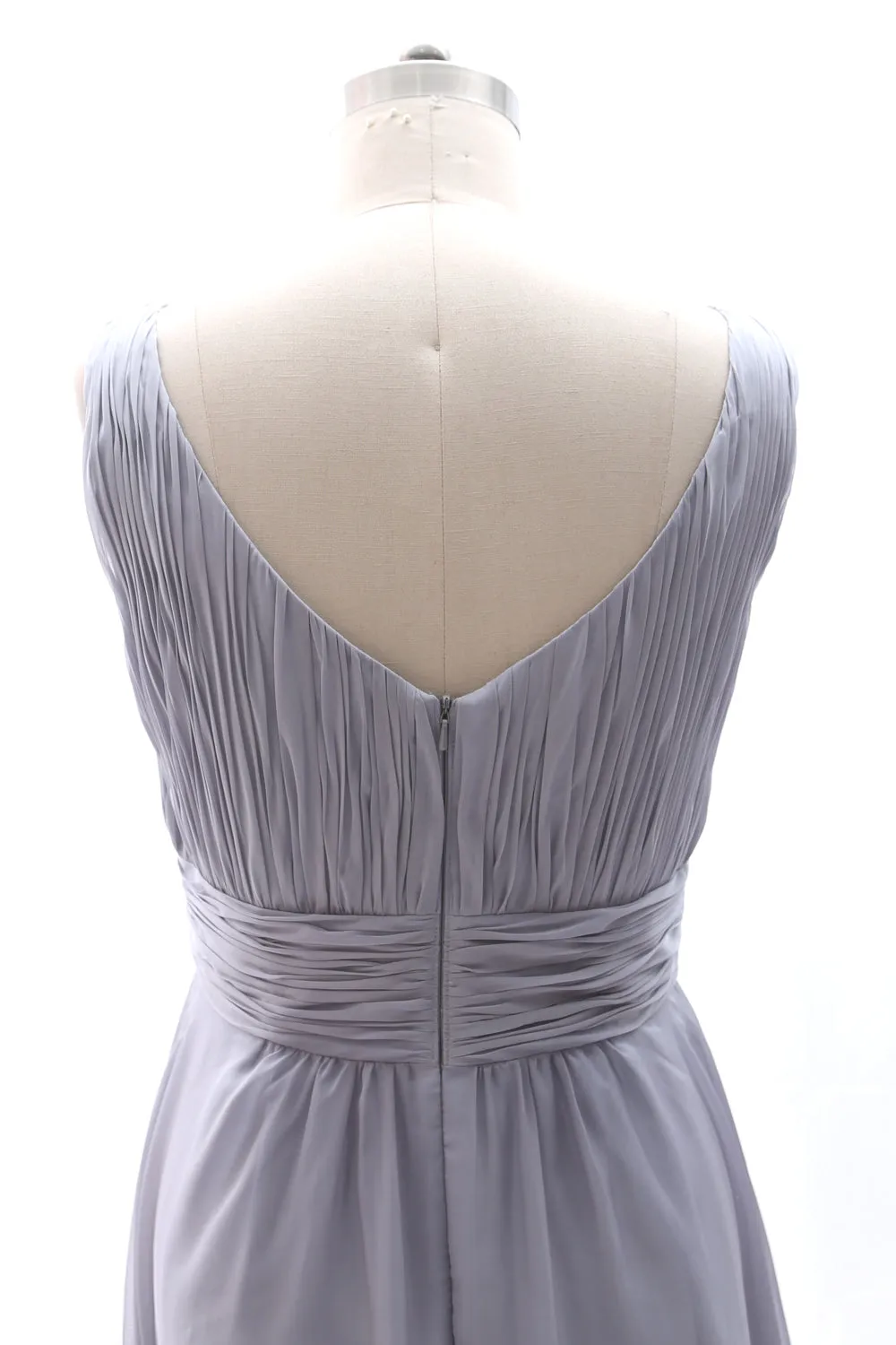 MACloth Straps V neck Chiffon Silver Long Bridesmaid Dress Wedding Party Formal Gown