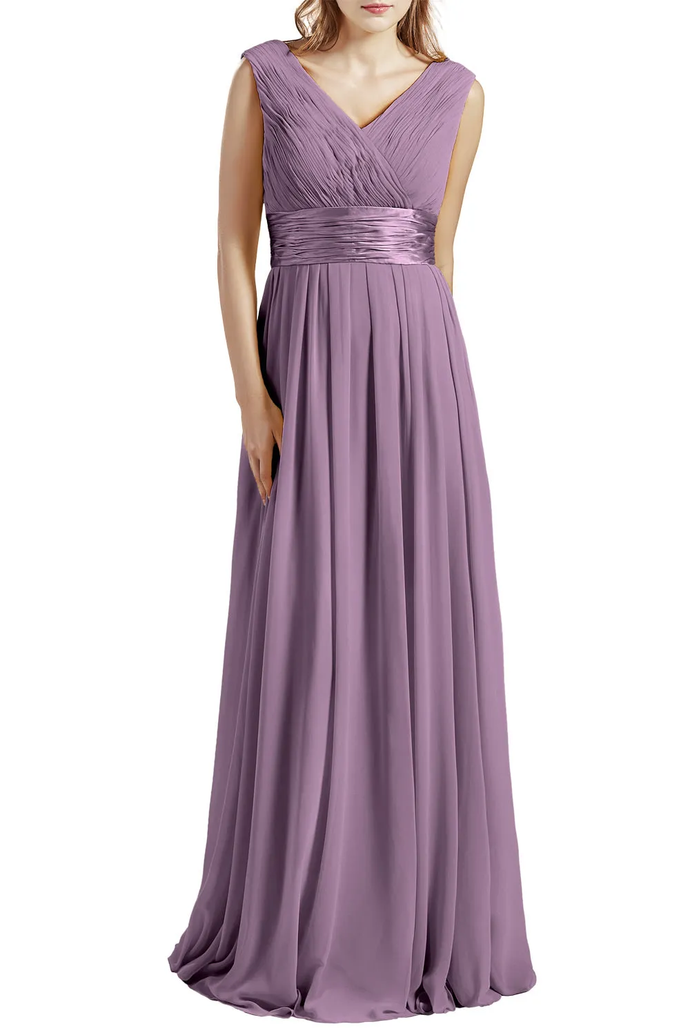 MACloth Women Long V Neck Rucked Chiffon Wedding Bridesmaid Dresses BD