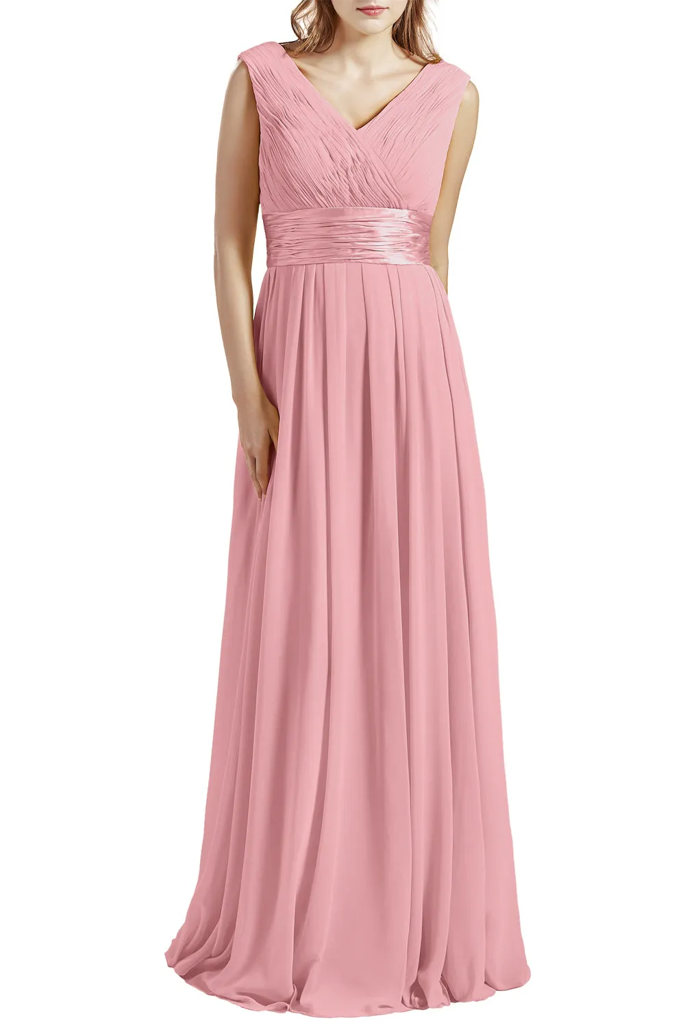 MACloth Women Long V Neck Rucked Chiffon Wedding Bridesmaid Dresses BD