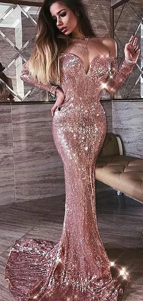 Mermaid Off-the-Shoulder Long Sleeves Rose Gold Sequin Prom Dresses, TYP1435