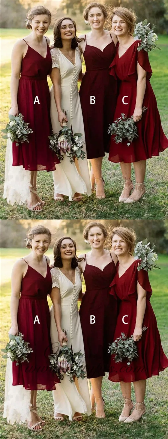 Mismatched A-Line V-Neck Pleated Dark Red Chiffon Bridesmaid Dresses, TYP1316