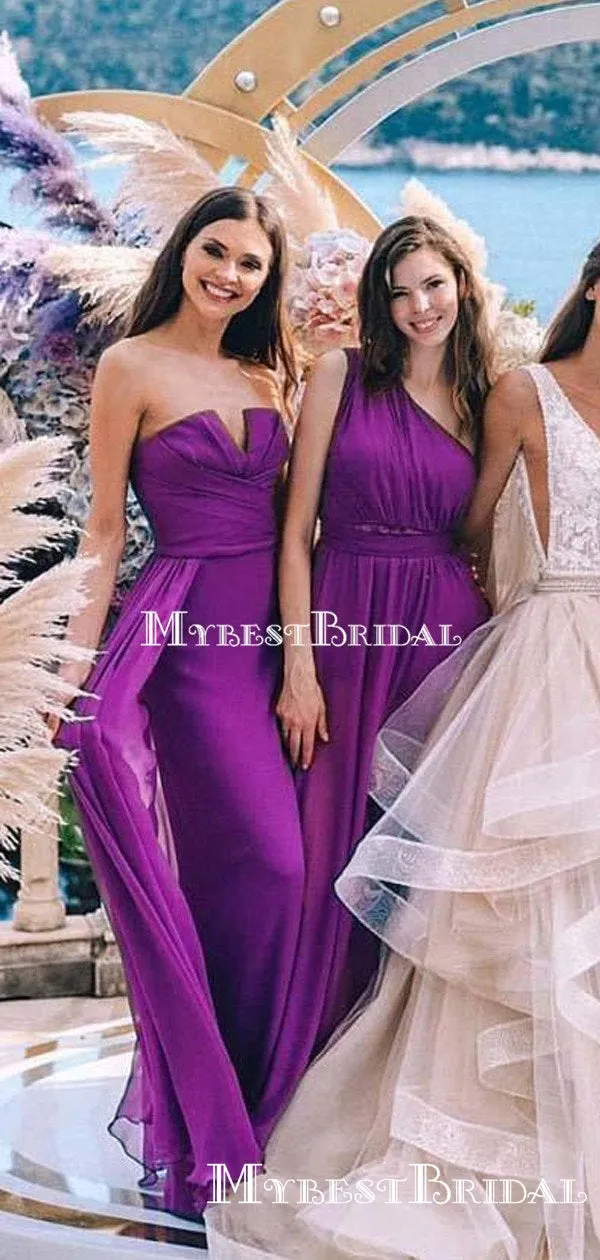 Mismatched Purple Chiffon A-line Long Cheap Bridesmaid Dresses, BDS0088