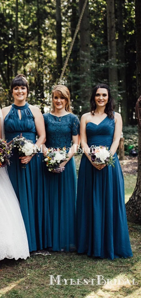 Mismatched Red & Blue Chiffon A-line Long Cheap Bridesmaid Dresses, BDS0085