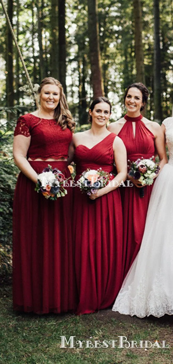 Mismatched Red & Blue Chiffon A-line Long Cheap Bridesmaid Dresses, BDS0085