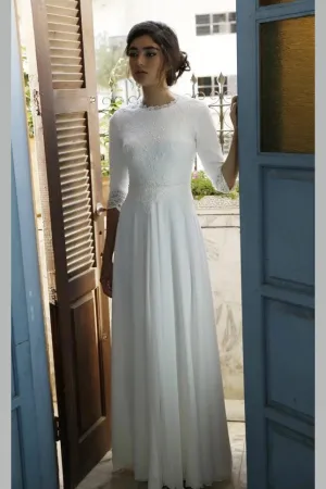 Modest Chiffon Bride Dress with Lace Sleeves
