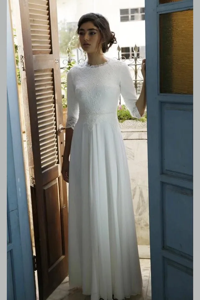 Modest Chiffon Bride Dress with Lace Sleeves