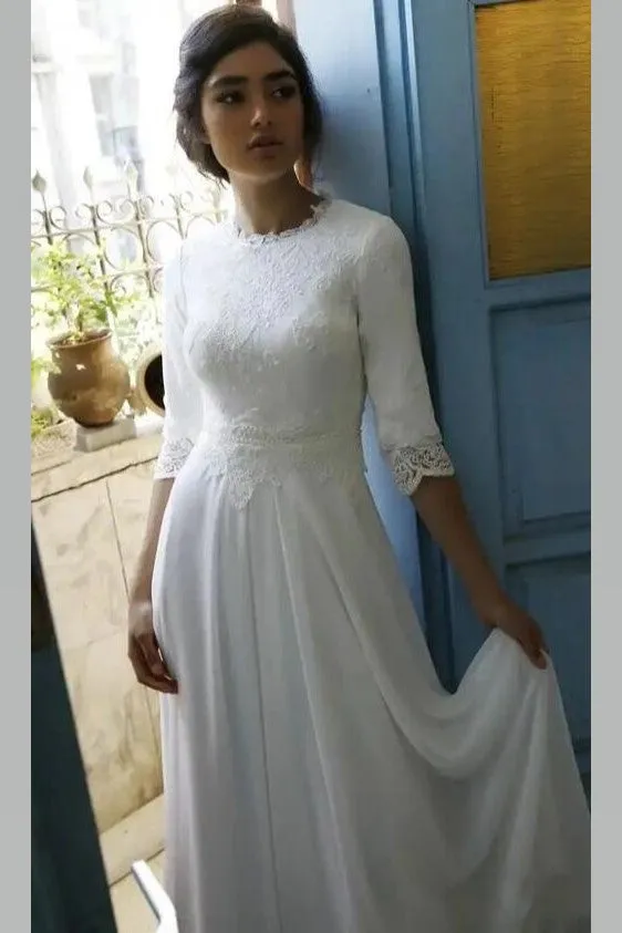 Modest Chiffon Bride Dress with Lace Sleeves