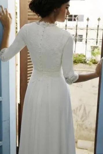 Modest Chiffon Bride Dress with Lace Sleeves