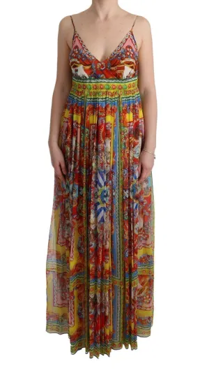 Multicolor Silk Carretto Print Long Maxi Dress