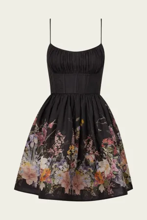 Natura Ruched Mini Dress in Black Wild flowers