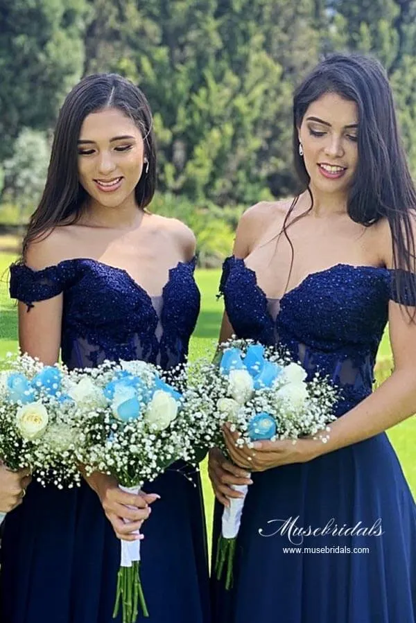 Navy Blue Chiffon A-line Off-the-Shoulder Lace Long Bridesmaid Dresses, MBD222