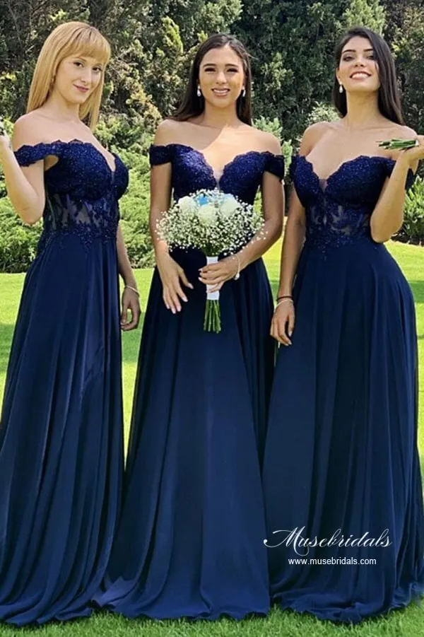 Navy Blue Chiffon A-line Off-the-Shoulder Lace Long Bridesmaid Dresses, MBD222