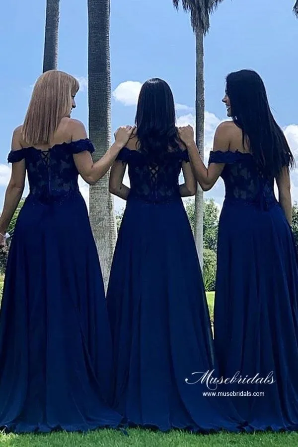 Navy Blue Chiffon A-line Off-the-Shoulder Lace Long Bridesmaid Dresses, MBD222