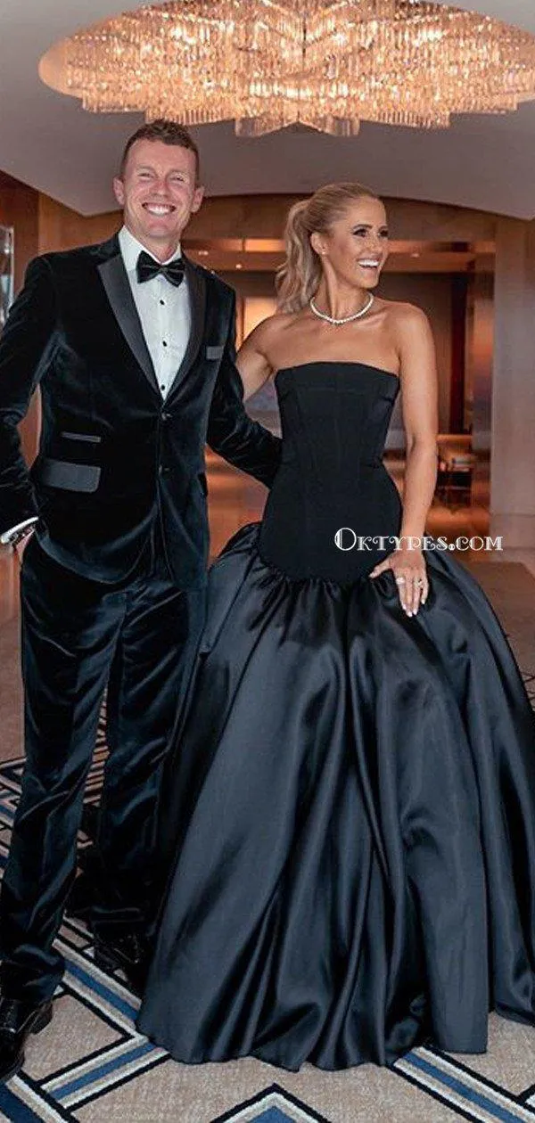 New Arrival Strapless Black Satin Ball Gown Long Cheap Evening Prom Dresses, PDS0084