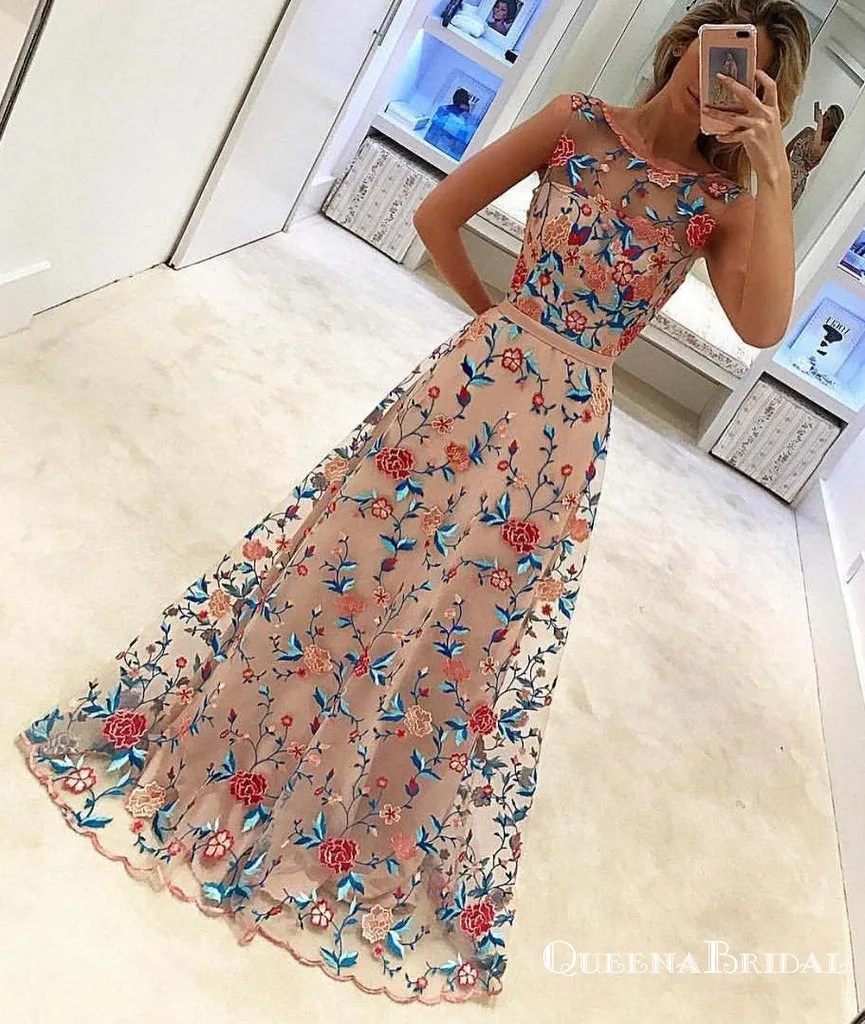 New Style Popular A Line Sleeveless Long Prom Dresses with Embroidery, QB0551