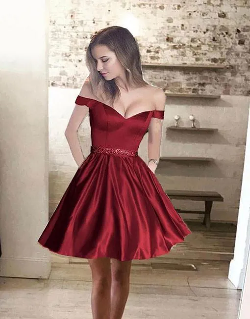Off Shoulder Satin Homecoming Dresses, Beaded Short Prom Dresses, Homecoming Dresses, SF0099