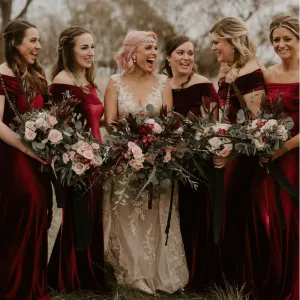 Off-The-Shoulder Burgundy Velvet Mermaid Long Cheap Bridesmaid Dresses, BDS0096