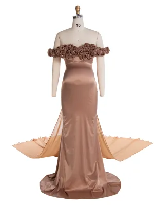 Off The Shoulder Fitted Maternity Photoshoot Dress with 3D Flower Detail Baby Shower Gown YW240200