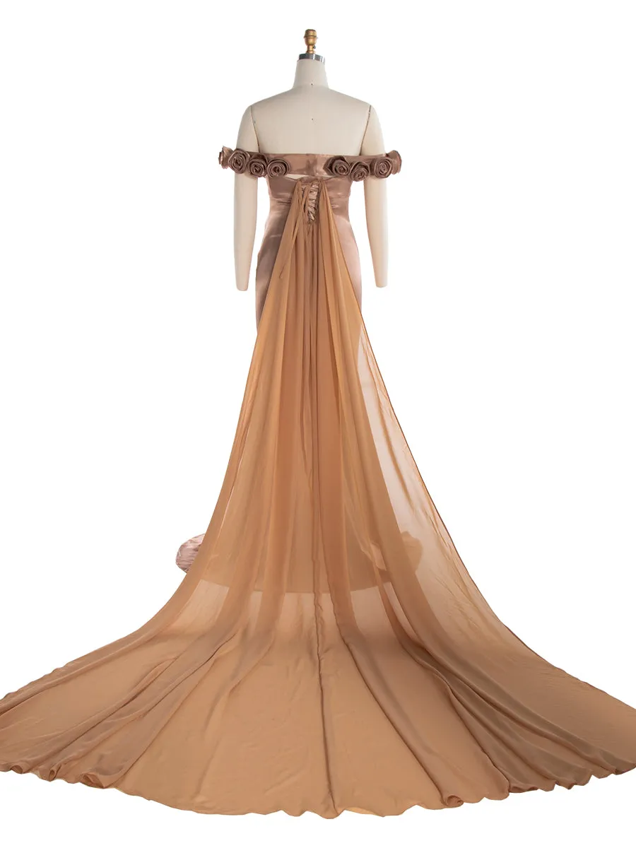Off The Shoulder Fitted Maternity Photoshoot Dress with 3D Flower Detail Baby Shower Gown YW240200
