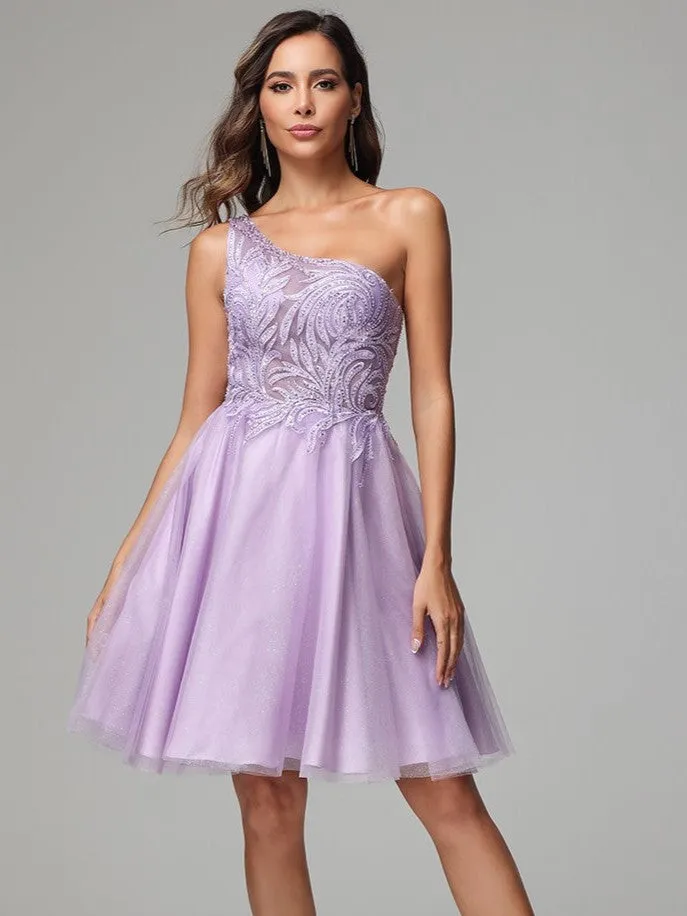 One Shoulder A-line Lilac Short Homecoming Dress with Appliques