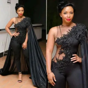 one shoulder black jumpsuits for weddings 2020 lace appliqué beaded elegant pants for women with skirt
