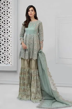 Pakistani embroidered party wear dress in aqua color # P2241