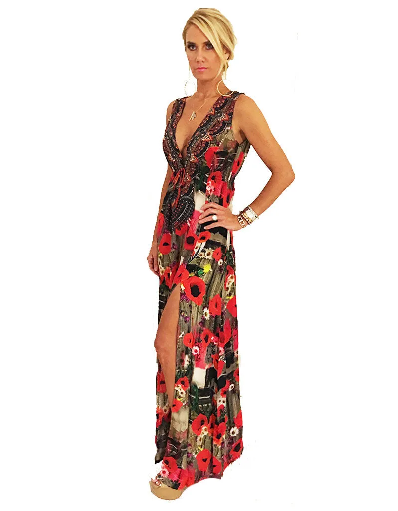 Parides V-Neck Embellished Dress in Melange Poppy