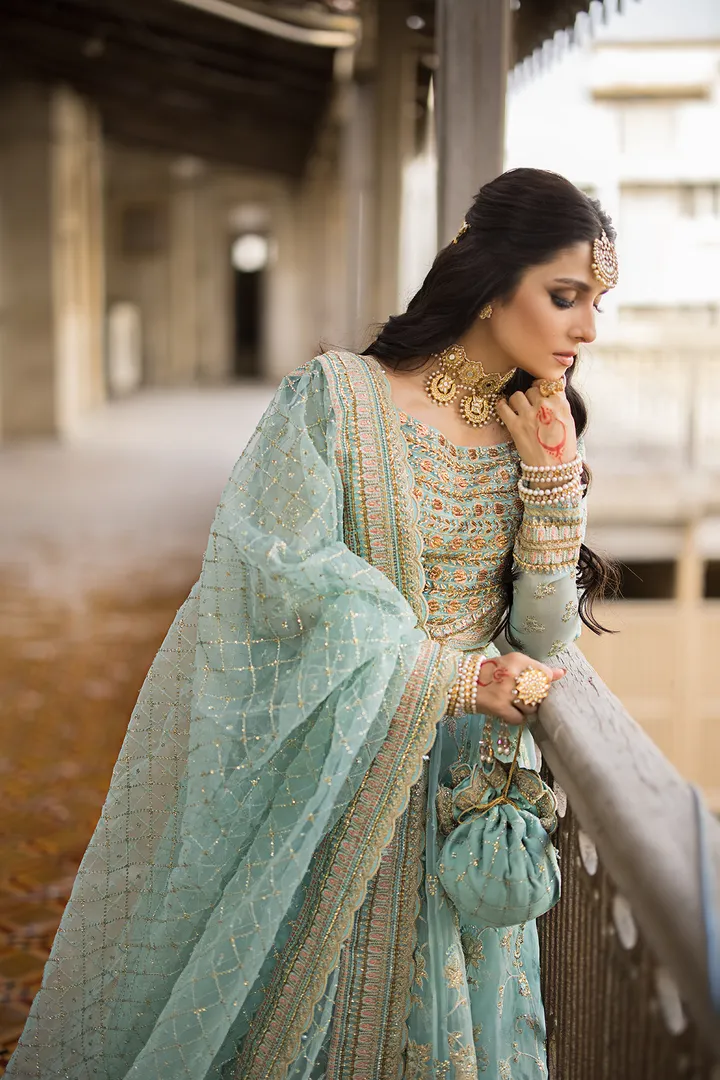 Pishwas Frock and Sharara Blue Pakistani Bridal Dress