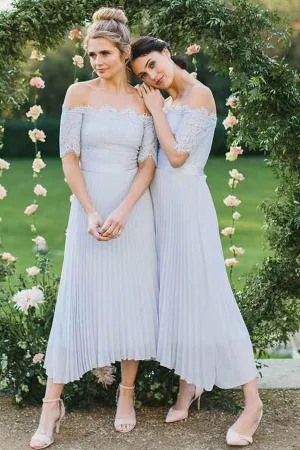 Pleated Chiffon Lace A-Line Off Shoulder Short Sleeve Bridesmaid Dresses, MBD145